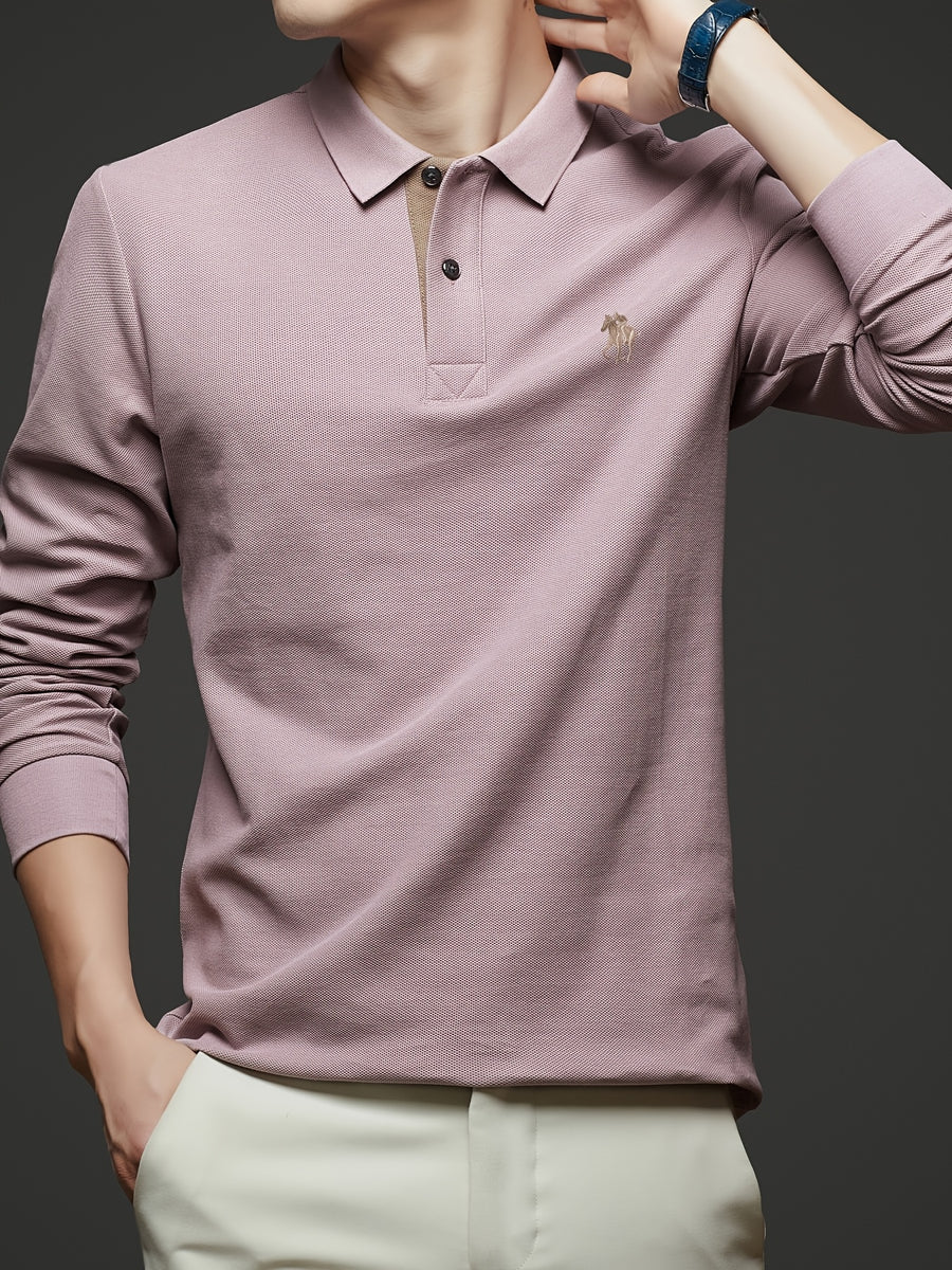 [Saa Xing OBM] 1pc Spring/Autumn New Men'S Polo Shirt, Solid Color Embroidered Half-Button Placket Single-Button Polo Collar Long Sleeve Men'S Fashion Versatile Pullover Base Layer Top, Classic Design, Suitable for Spring, Autumn, Wear - Pink Purple