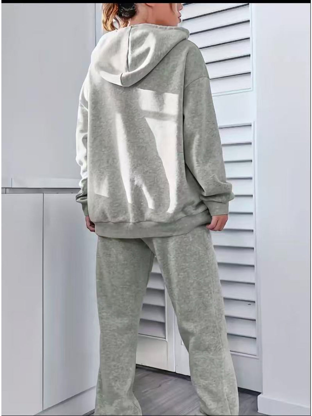 Autumn And Winter ECG Heart Pattern Printed Women'S European And American Fashion Fleece Hooded Sweatshirt Set for ' Casual Wear - Light Grey