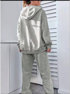 Autumn And Winter ECG Heart Pattern Printed Women'S European And American Fashion Fleece Hooded Sweatshirt Set for ' Casual Wear - Light Grey