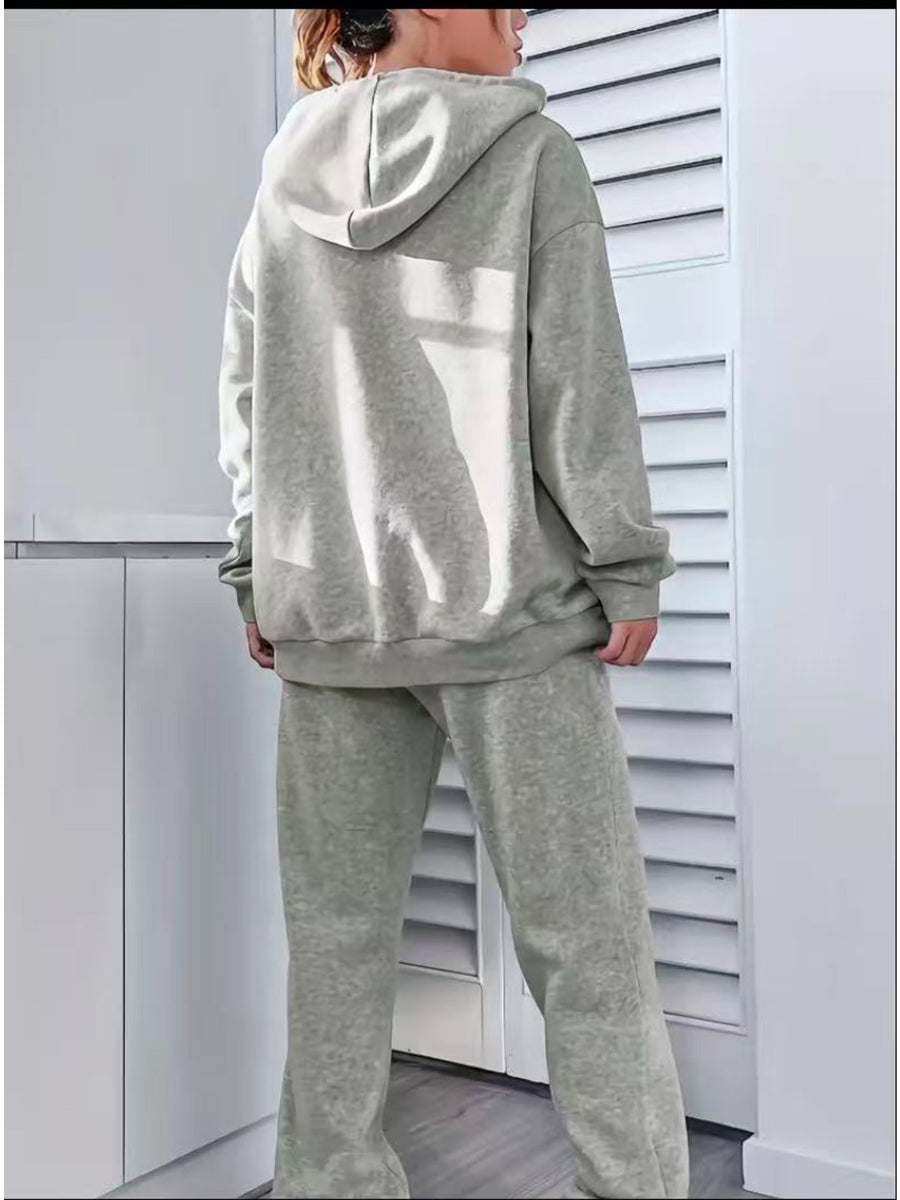 Autumn And Winter ECG Heart Pattern Printed Women'S European And American Fashion Fleece Hooded Sweatshirt Set for ' Casual Wear - Light Grey