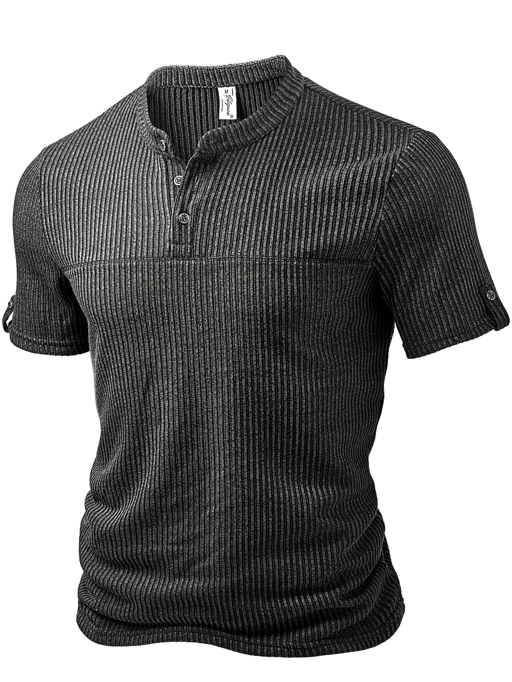 Men's Fashion Top, Spring/Summer Outdoor Casual Textured Ribbed Fabric, Solid Color Crew Neck Single-Breasted Short Sleeve Spliced Men's Henley Shirt - Dark Gray