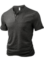 Men's Fashion Top, Spring/Summer Outdoor Casual Textured Ribbed Fabric, Solid Color Crew Neck Single-Breasted Short Sleeve Spliced Men's Henley Shirt - Dark Gray