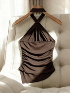 Women'S Solid Color Halter Slim Off-Shoulder Elegant Asymmetrical Hem Top, Side Waist Cinched Ruched Blouse, Metal Decor Button Design, Suitable for Dates, Gatherings, Commuting, Casual Fashion Versatile Premium Style - All-Season - Coffee Brown