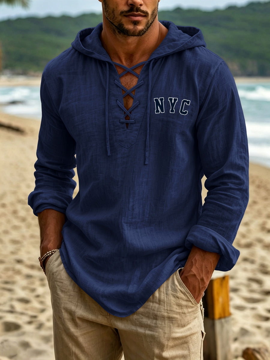 Urban Style Men'S Linen Long Sleeve Hooded Sweatshirt, NYC Chest Letter Print, Easy And Versatile, Individual Cross-Tie Neckline for Detail Expression, Classic Hooded Design, Suitable for All Outings - Navy Color
