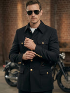 Light Luxury Vintage Golden Button Men's Hunting Jacket, Waist-Cinching Slim Fit with Multiple Pockets, Notched Lapel Structured Business Commuter Jacket - Black