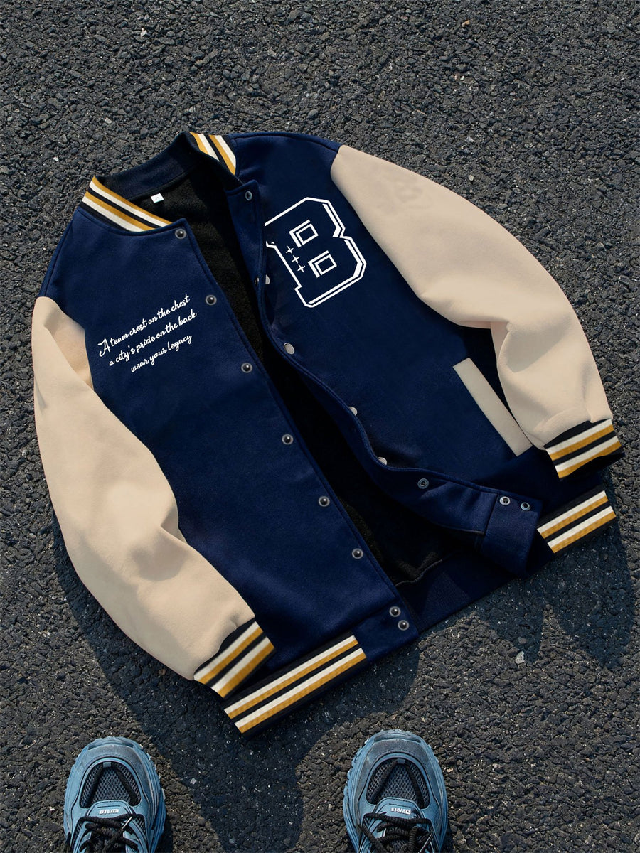 This Black And Gray Patchwork Baseball Jacket Features a Button Closure Design, with Black And White Striped Accents at The Collar And Cuffs. It Showcases Prominent Letter Prints And English Text Elements on The Chest - Tibetan White