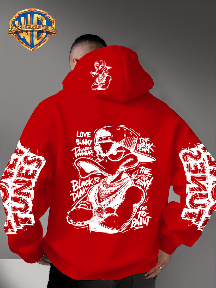 Dark Duffy Duck Pattern Print - Men'S Fashion Hoodie Sweatshirt, Trendy Sleeve Print Design, Suitable for Multi-Style Daily Wear Pullover, Soft And Delicate Touch, Helping You Be Comfortable And Stylish, Easily Mastered for Campus, Commuting - Red