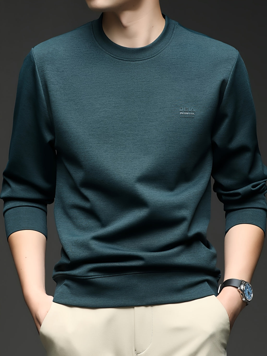 [Saa Xing OBM] 1pc Spring/Autumn New Men'S Sweatshirt, Solid Color Round Neck Long Sleeve Men'S Business Casual Fashion Breathable All-Match Pullover Base Layer Top, Suitable for Spring And Autumn, Single Wear Or Inner Layer, Fits Daily And Casual - Blackish Green