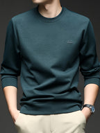[Saa Xing OBM] 1pc Spring/Autumn New Men'S Sweatshirt, Solid Color Round Neck Long Sleeve Men'S Business Casual Fashion Breathable All-Match Pullover Base Layer Top, Suitable for Spring And Autumn, Single Wear Or Inner Layer, Fits Daily And Casual - Blackish Green