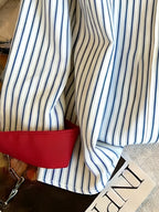 YYTT Retro Contrast Striped Polo Collar Long Sleeve Shirt Women'S Spring New Fashion Design Loose Casual Top - White
