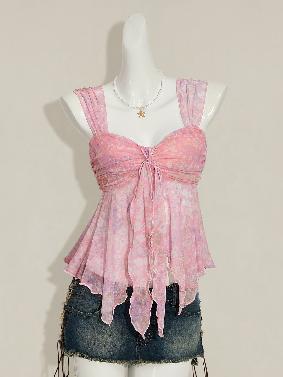 Women'S Ditsy Floral Asymmetrical Hem Cute Floral Top, Cute Summer Top Autumn Women'S Wear Niannian - Bright Pink Color
