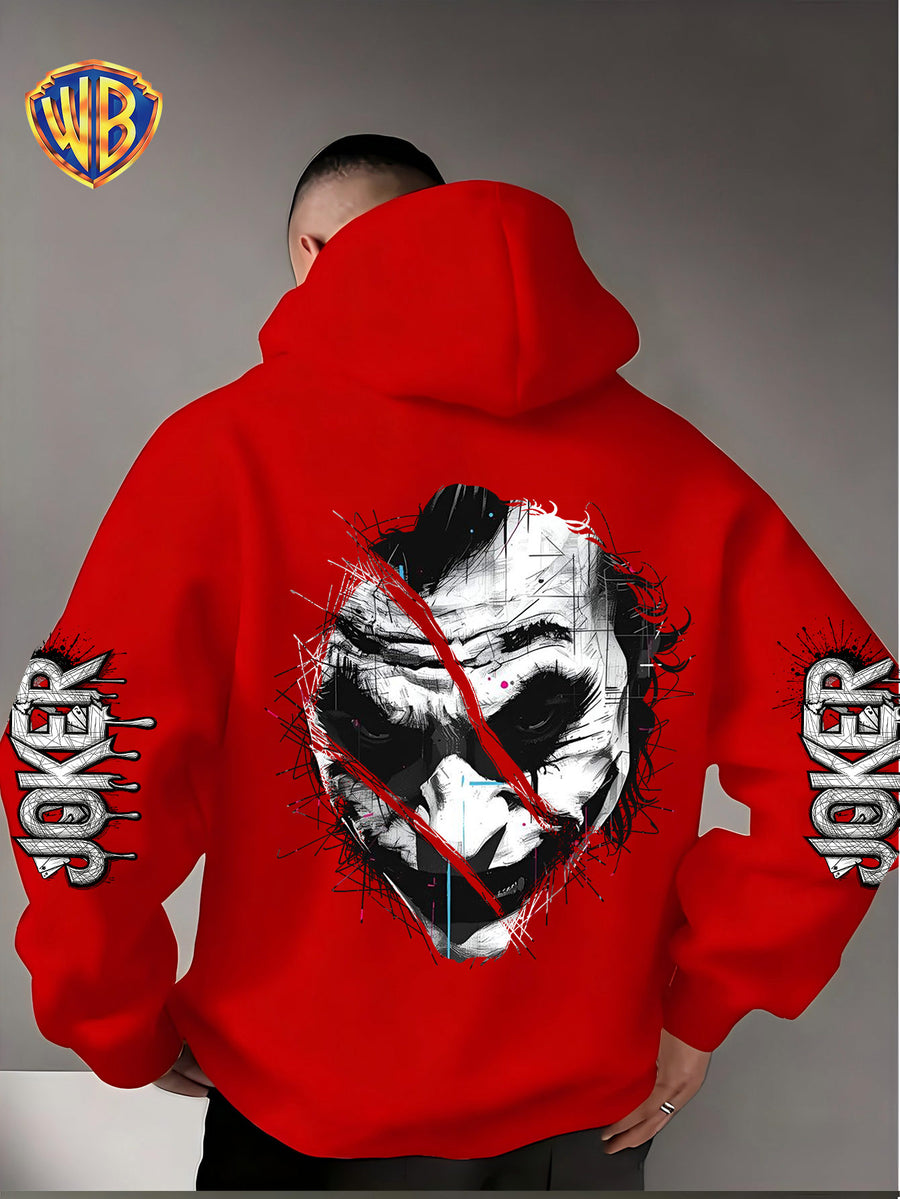 Dark and Edgy Style Hooded Sweatshirt, Featuring a Reimagined Clown Portrait Print with a Graffiti-like Texture That Exudes a Street Vibe. Packed with Streetwear Brand Attributes, It Unleashes a Free-spirited Aura and Is Unisex for Both Men and Women - Red