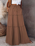 2025 Spring/Summer Rubber Waist Pleated Trim Patchwork Long Dress - Dark Brown