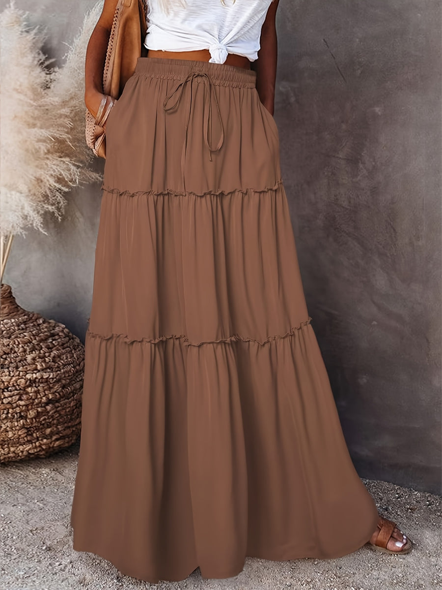 2025 Spring/Summer Rubber Waist Pleated Trim Patchwork Long Dress - Dark Brown