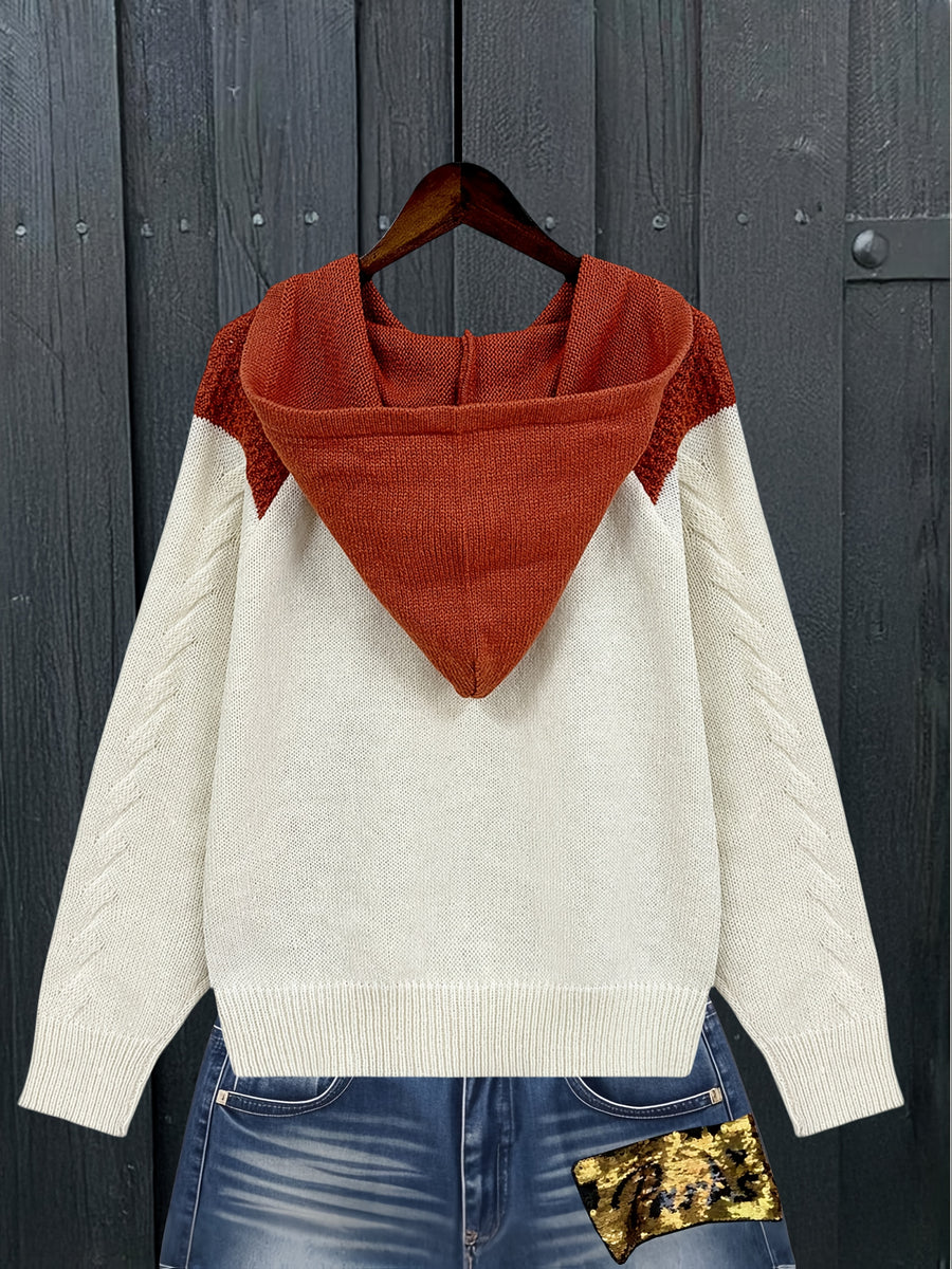 Forest-style Color-Block Fox and Floral Print Hooded Sweater Top, Vintage Casual Loose Women's Pullover, Versatile Women's Clothing for Daily Outings and Casual Home Wear - Apricot