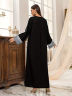 Elegant And Easy Solid Color Long Zip Dress with Exquisite Stitched Cuffs, Perfect for Casual Muslim Wear - Black