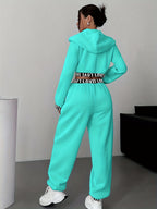 Women's 2pcs Set, Zipper and Hood Autumn/Winter Casual Women's Jacket + Pants, Regular Clothing, Daily Wear, Fashion Apparel, Stylish Swear, Soft Fabric, Comfortable Clothing, Matching Series, Women's Swear, Women's Collection - Cyan