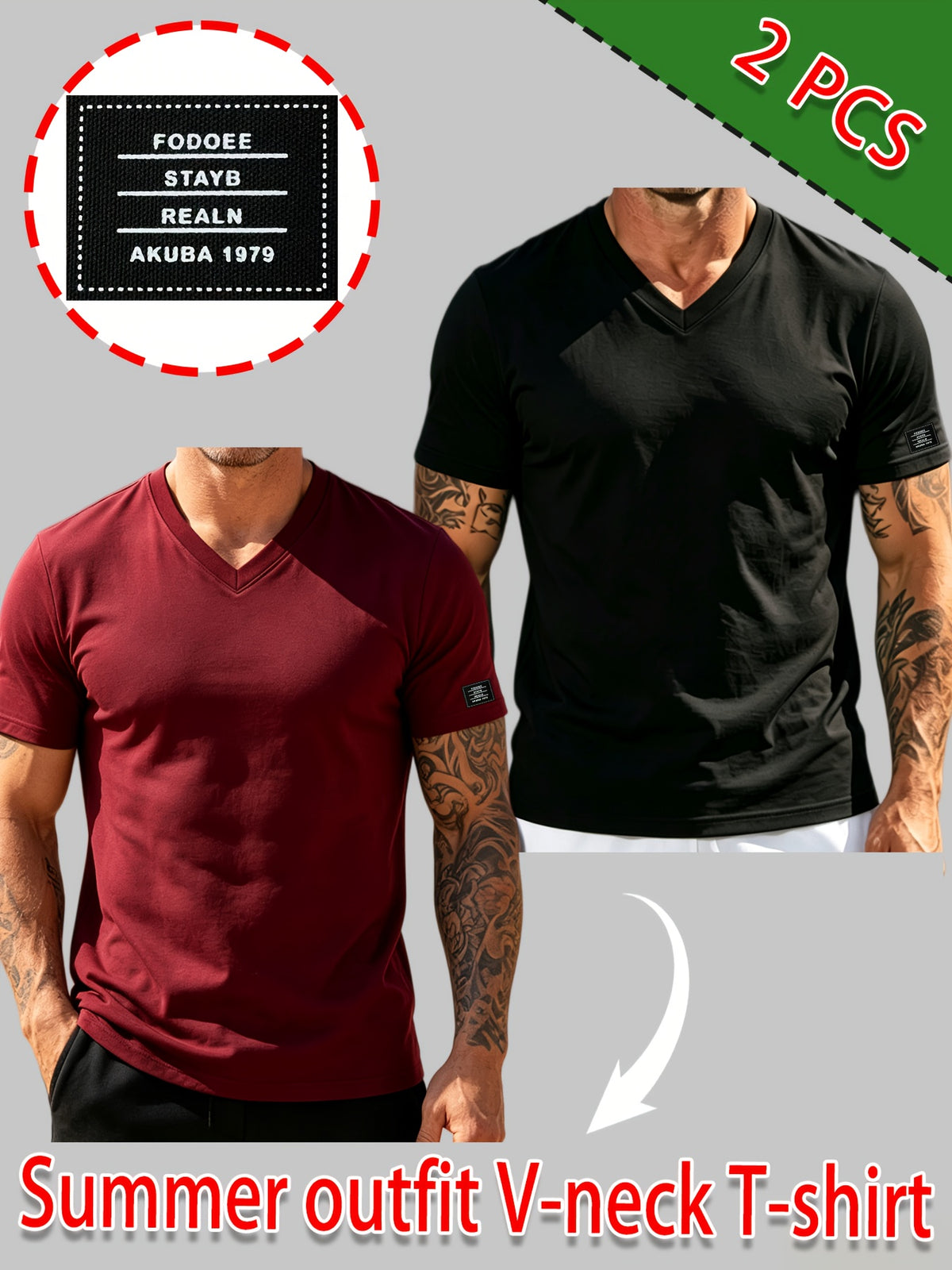 100% Cotton 2pcs Men's Basic V-Neck Pure Cotton Solid Color Short Sleeve T-Shirt, Soft and Skin-Friendly, Versatile Top for Fitness, Casual, and Daily Wear - Black+Burgundy
