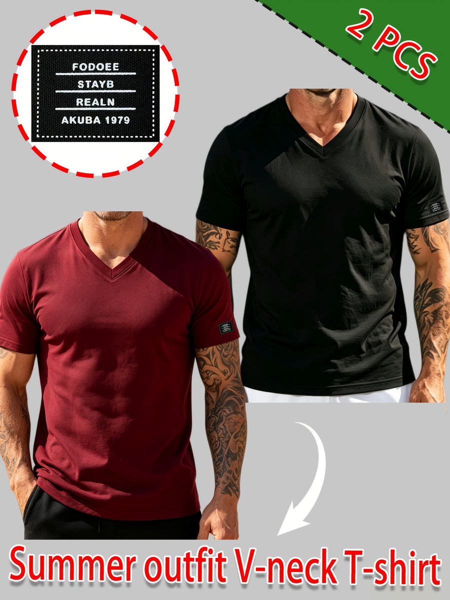100% Cotton 2pcs Men's Basic V-Neck Pure Cotton Solid Color Short Sleeve T-Shirt, Soft and Skin-Friendly, Versatile Top for Fitness, Casual, and Daily Wear - Black+Burgundy