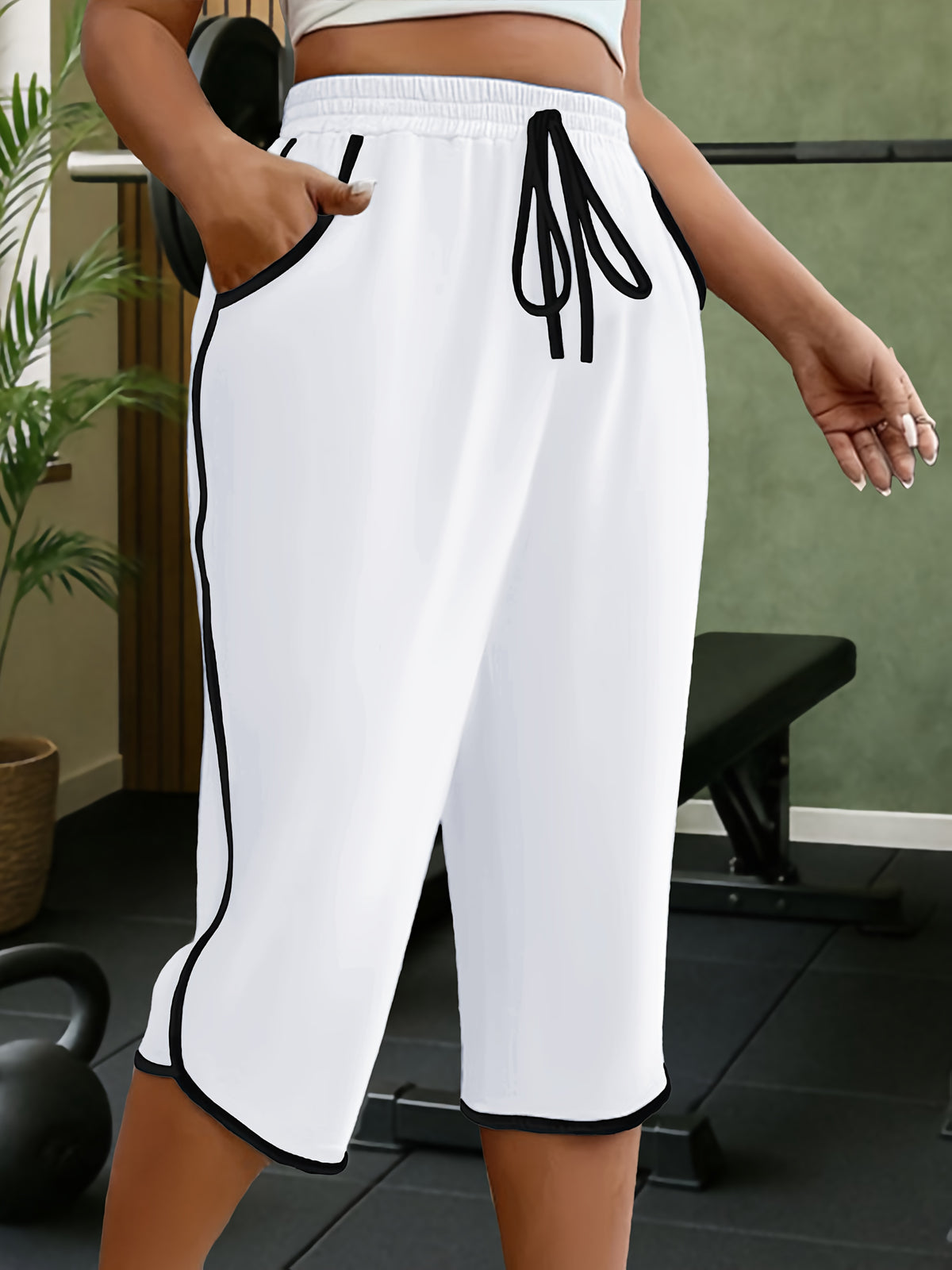 New Spring And Summer Solid Color Casual Comfortable Mid-Length Sweatpants For, Fitness, And with Pockets - White