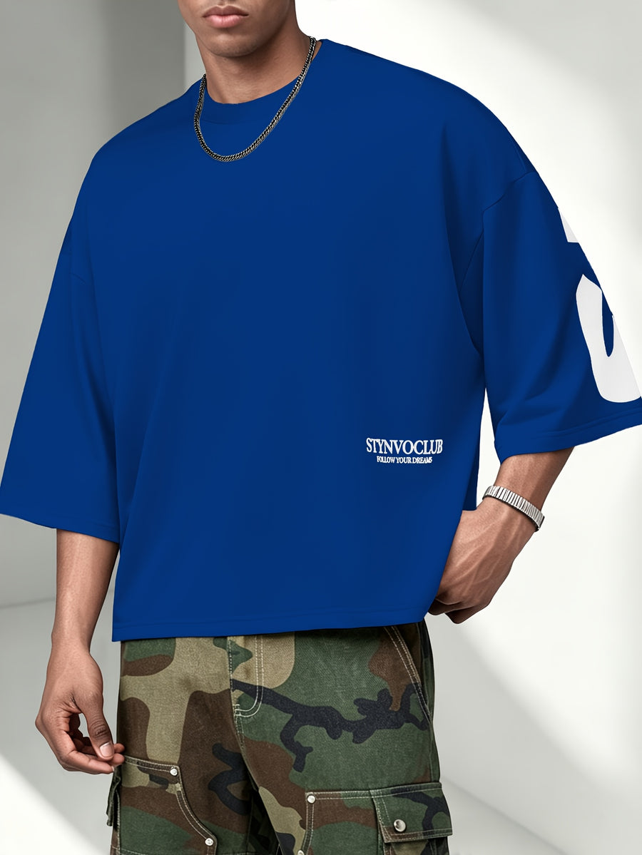 [Printed Design – Not Textured], Men's Drop-Shoulder Style, Men's Summer Fashion Letter Print Crew Neck T-Shirt, Streetwear Loose Fit, Cropped T-Shirt - Mixed Color 3