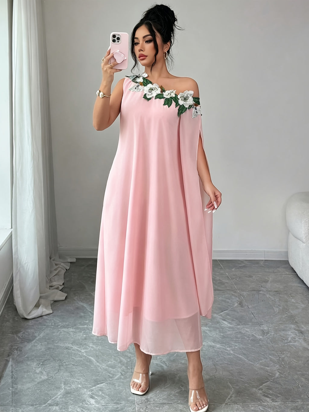 Fashionable Elegant Long Dress, Suitable for Parties And Outings, Afternoon Tea, High-End Long Dress with Embroidered Collar, Noble And Elegant Fashion - Pink
