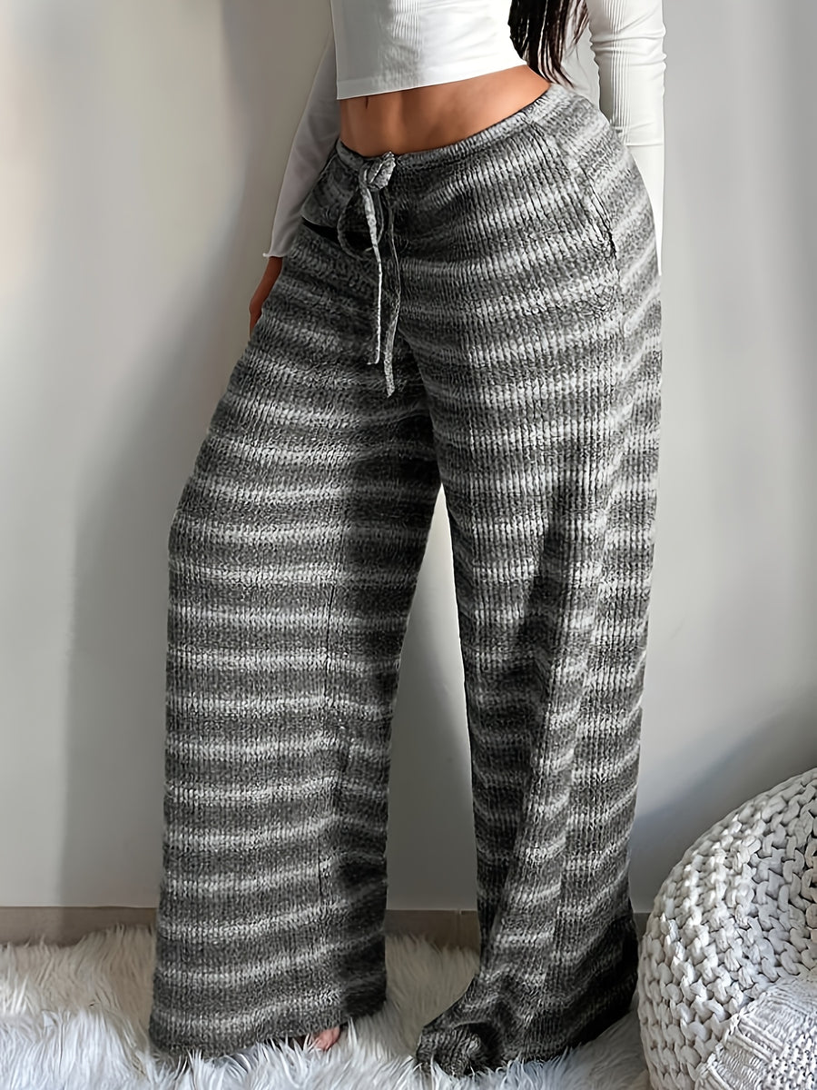 Women'S Casual Striped Textured Elastic Drawstring Waist Pocket Wide-Leg Pants - Grey