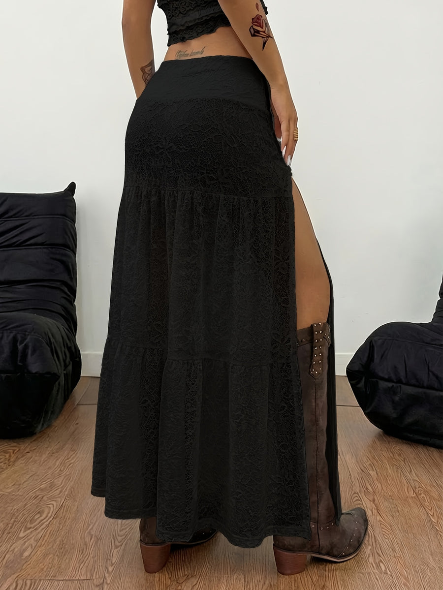 Spring/Summer Women's Fashionable and Comfortable Vacation Style Side Slit Design Solid Color Skirt, High-End Slim-Fit Lace Long Skirt, Slightly Sheer - Black