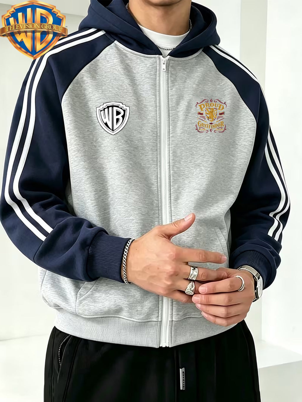 Warner Autumn/Winter New Arrival Men's Hooded Jacket, Streetwear Trendy Casual Versatile Color-Block Patchwork Top, Golden Lion Badge and "PROUD GRYFFINDOR" Text Graphic Print, High Street Fashion Brand Loose Fit Couple's Style Sweatshirt - Light Twist Gray
