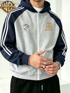 Warner Autumn/Winter New Arrival Men's Hooded Jacket, Streetwear Trendy Casual Versatile Color-Block Patchwork Top, Golden Lion Badge and "PROUD GRYFFINDOR" Text Graphic Print, High Street Fashion Brand Loose Fit Couple's Style Sweatshirt - Light Twist Gray