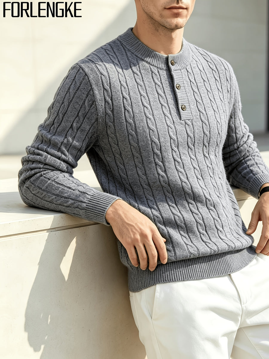 FORLENGKE 2026 New Men's Business Casual Crew Neck Cable Knit Sweater, Soft Warm Long Sleeve Pullover for Fall Winter Office, Daily & Outdoor Wear - Grey