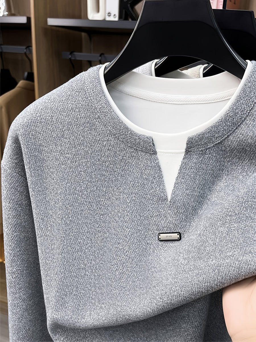Men's 2-in-1 Look V-Neck Sweatshirt, Loose Drop Shoulder, Casual Pullover Long Sleeve, Suitable for Daily Commuting and Leisure. -SINBOS - Medium Gray