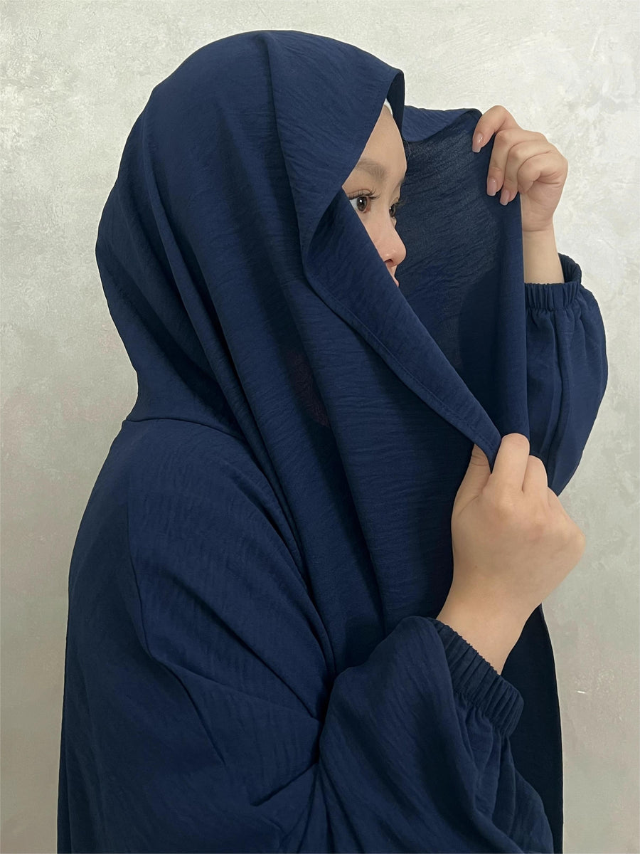 IRONFREE Elegant Crepe Hooded Abaya Hijab with Attached Scarf & Pockets - Modest Long Sleeve Full Coverage Prayer Dress, Machine Washable Medium Stretch Solid Color All-Season Traditional Muslim Women's Clothing, Muslim Clothes, Modest Apparel, Medium - Navy Color