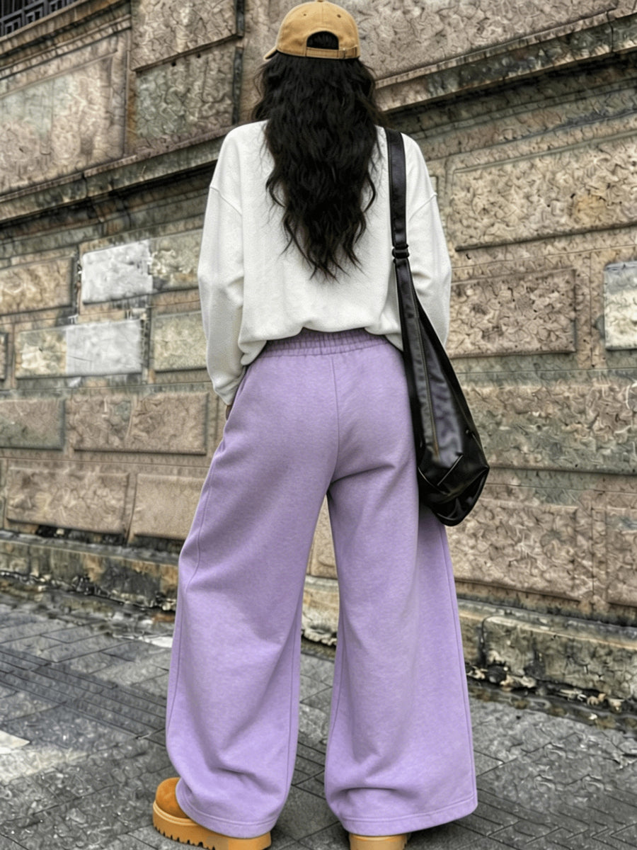 Harry Potter Platform 9¾ Print Set for Women, Korean Style Lazy Loose Fit Versatile T-Shirt + Casual Loose Versatile Floor-Length Straight-Leg Pants 2pcs Set - White+Purple