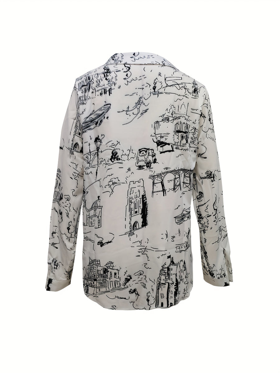 Women'S Stylish Printed Long-Sleeve Collared Shirt - Mixed colors