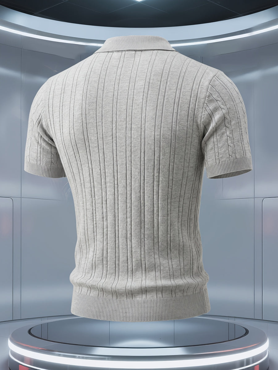 Men'S Knit Sweater Short Sleeve Polo Shirt, Light Luxury Business High Quality Cable Knit Vertical Stripes Heavy Craft Slimming Texture Fashion Easy Handsome Exquisite Workmanship Dating Party Outdoor High-End Places All Suitable Golf Polo Shirt Kni - Light Grey