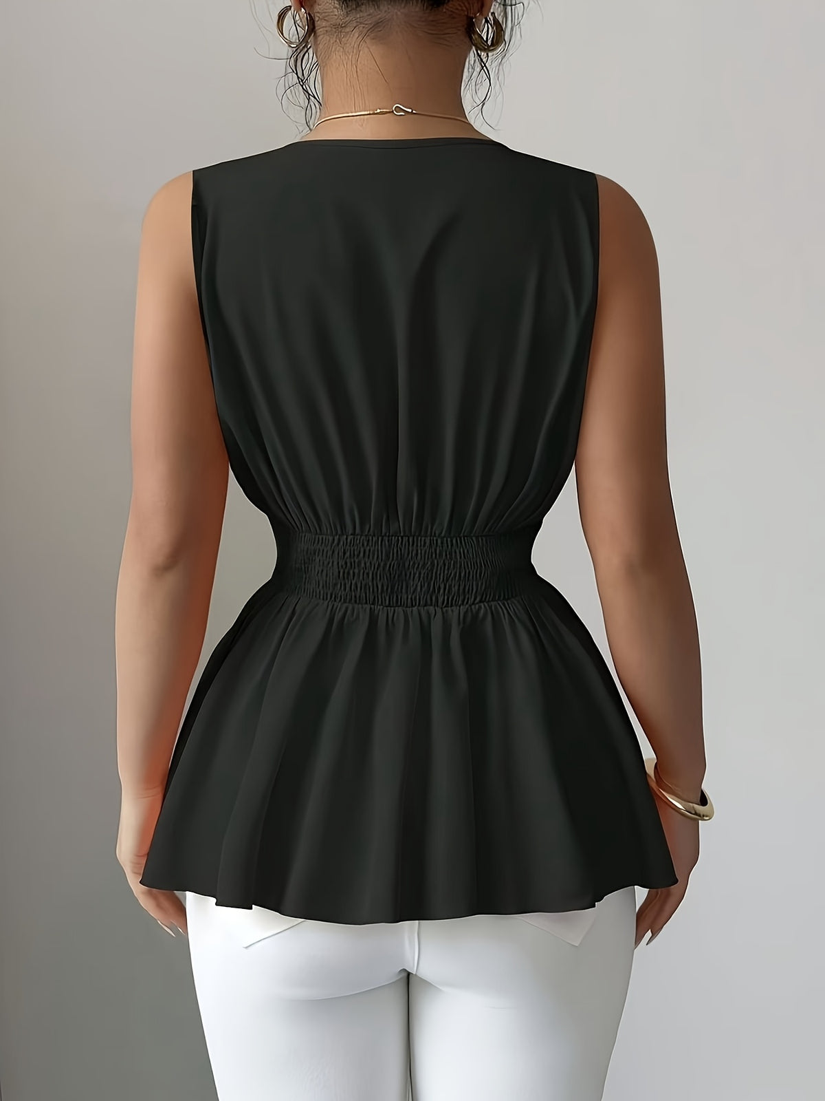 Elegant V-neck Sleeveless Waisted Blouse with Metal Button Detailing and Ruffled Hem, Versatile Women's Top - Black