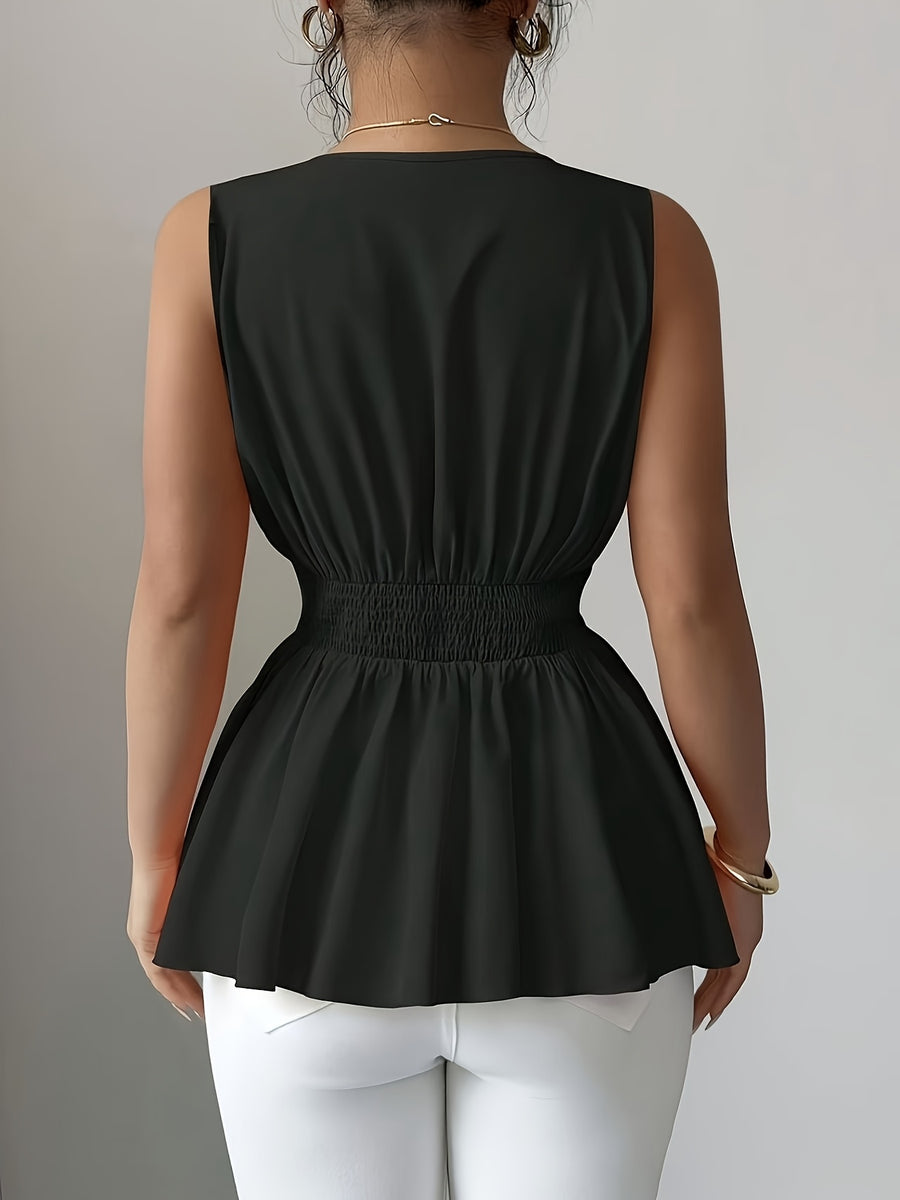 Elegant V-neck Sleeveless Waisted Blouse with Metal Button Detailing and Ruffled Hem, Versatile Women's Top - Black