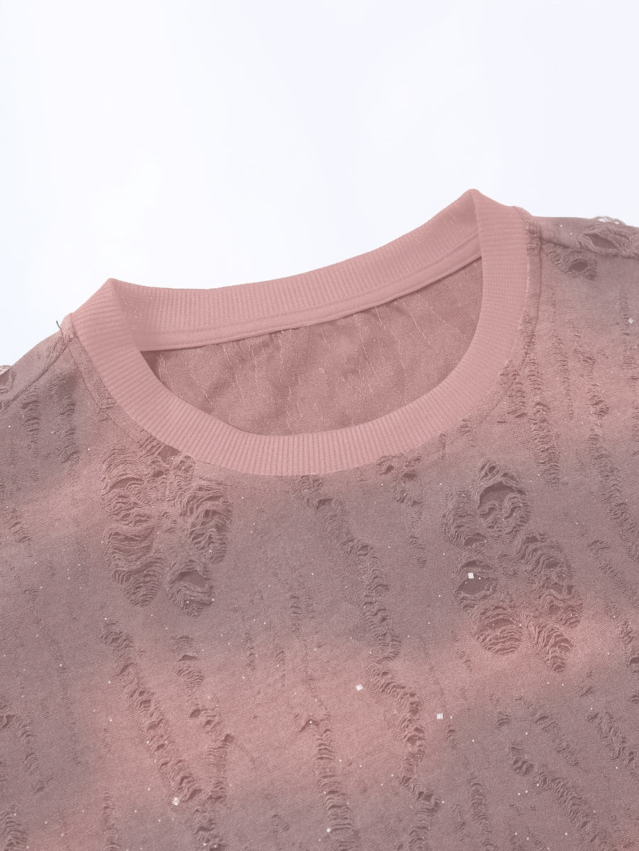 Textured Short Sleeve T-Shirt Black TUNNEL Letter Print Casual Street Style - Pink Color