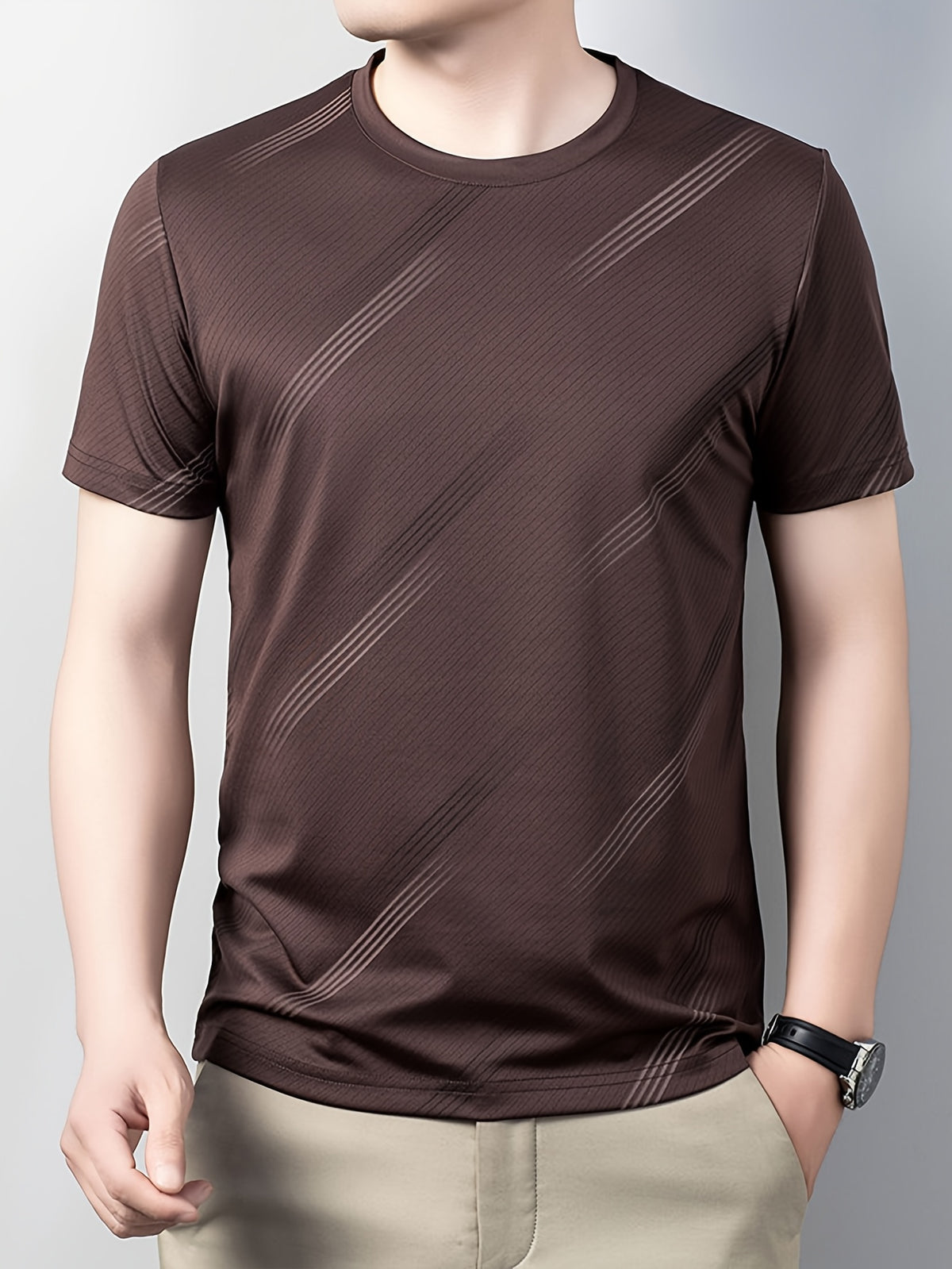Men's Breathable Mesh Short Sleeve T-Shirt - Lightweight Non-Stick Summer Shirt Suitable for Business Casual & Casual Attire, Round Neck Striped Style (No Belt) for Office, Travel, Layering - Non- Round Neck - Coffee Color