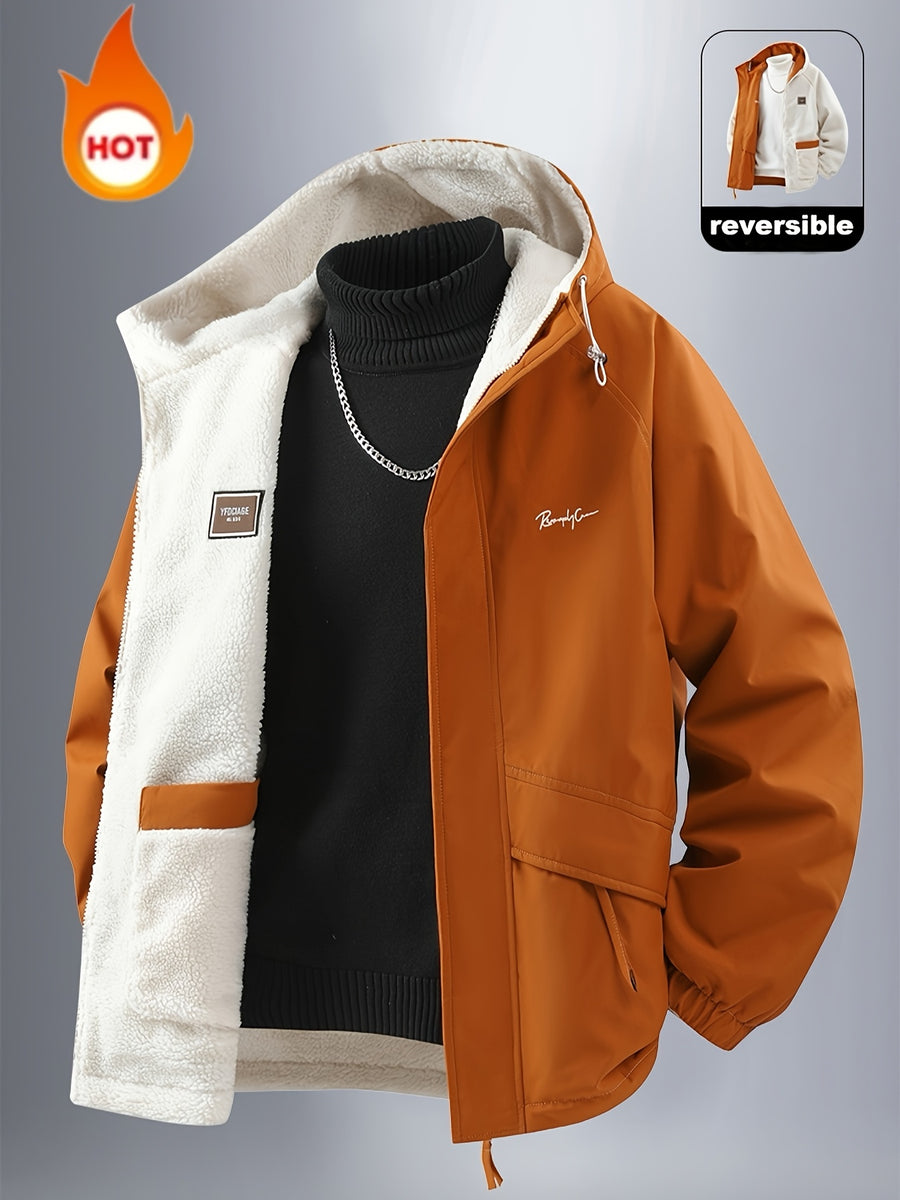 Men'S Jacket, Men'S Casual Outdoor Sports Warm Hooded Jacket, Reversible Jacket, Made of Windproof And Wear-Resistant Fabric, Warm And Comfortable Fall Winter Style 1pc - Orange-Red