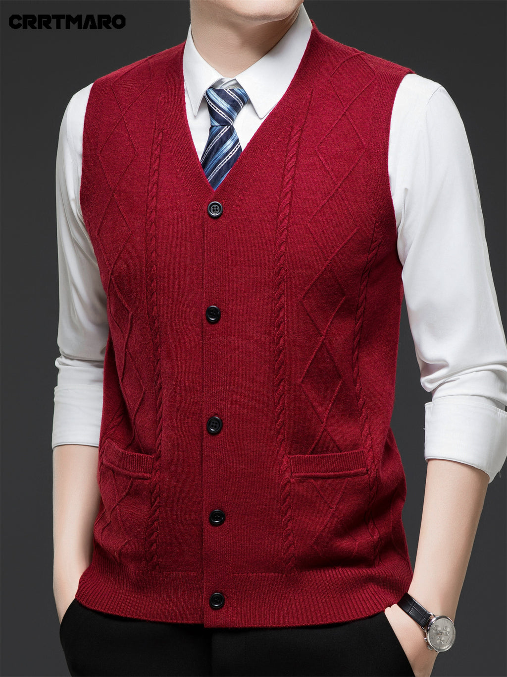 Men's Jacquard, Solid Color Knit Cardigan, Warm Casual Layering Top for Fall and Winter - Fuchsia
