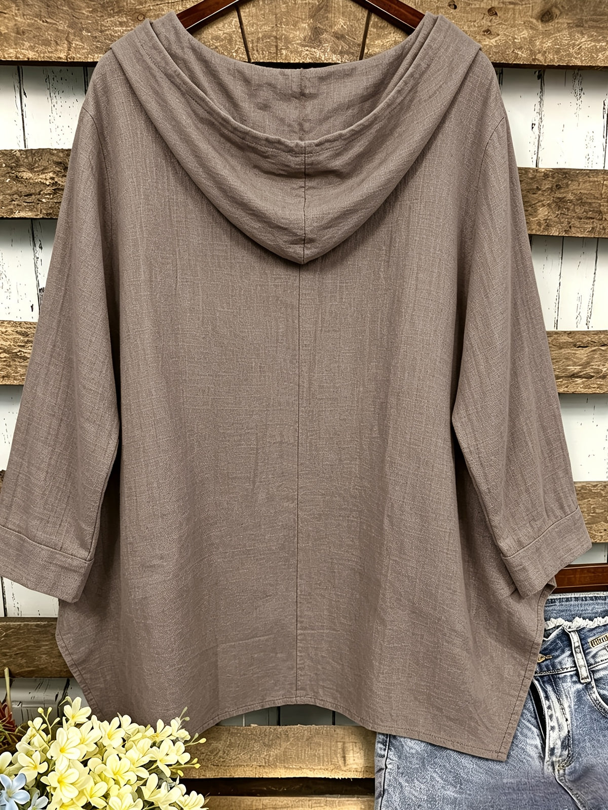 Plus Size, Plus Size Women's Hooded Shirt, Solid Color Irregular Hem Loose Fit Casual Shirt Top - Khaki