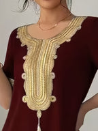 Middle East Round Neck Temperament Loose Belly-Covering Vacation Retro Niche Design Dress Short-Sleeved Long Skirt - Burgundy