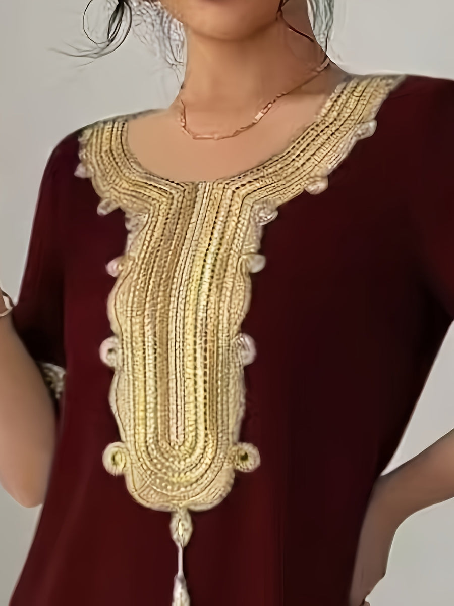 Middle East Round Neck Temperament Loose Belly-Covering Vacation Retro Niche Design Dress Short-Sleeved Long Skirt - Burgundy