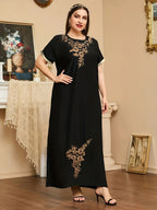 Spring Summer Round Neck Intricate Embroidery Ribbon Patchwork Middle Eastern Women'S Casual Vacation Home Robe - Black