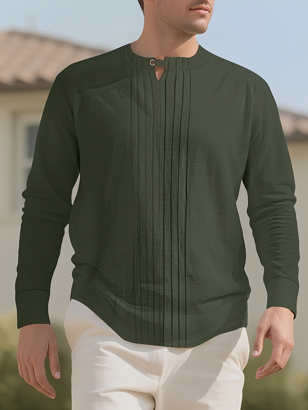 Men's Casual Shirts, Long-sleeve Casual Shirts, T-shirts, Men's Fashion Casual Wear, Solid Color Linen Long-sleeve Shirts, Breathable and Comfortable Short-sleeve Design, Quick-drying Fabric, Suitable for Wearing in Late Spring, Summer, and Early - Army Green