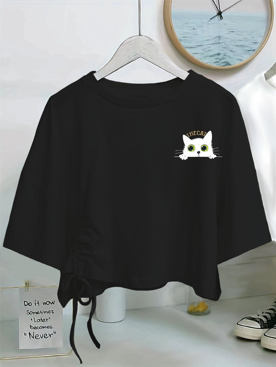 New Women'S Casual Short-Sleeve T-Shirt - Featuring a Cute Cat Head Print, Comfortable Loose Fit, Drawstring Hem Design That Reveals The Waist, Made from Soft Fabric, Machine Washable, Perfect for Spring And Summer Fashion, Suitable for Travel - Black