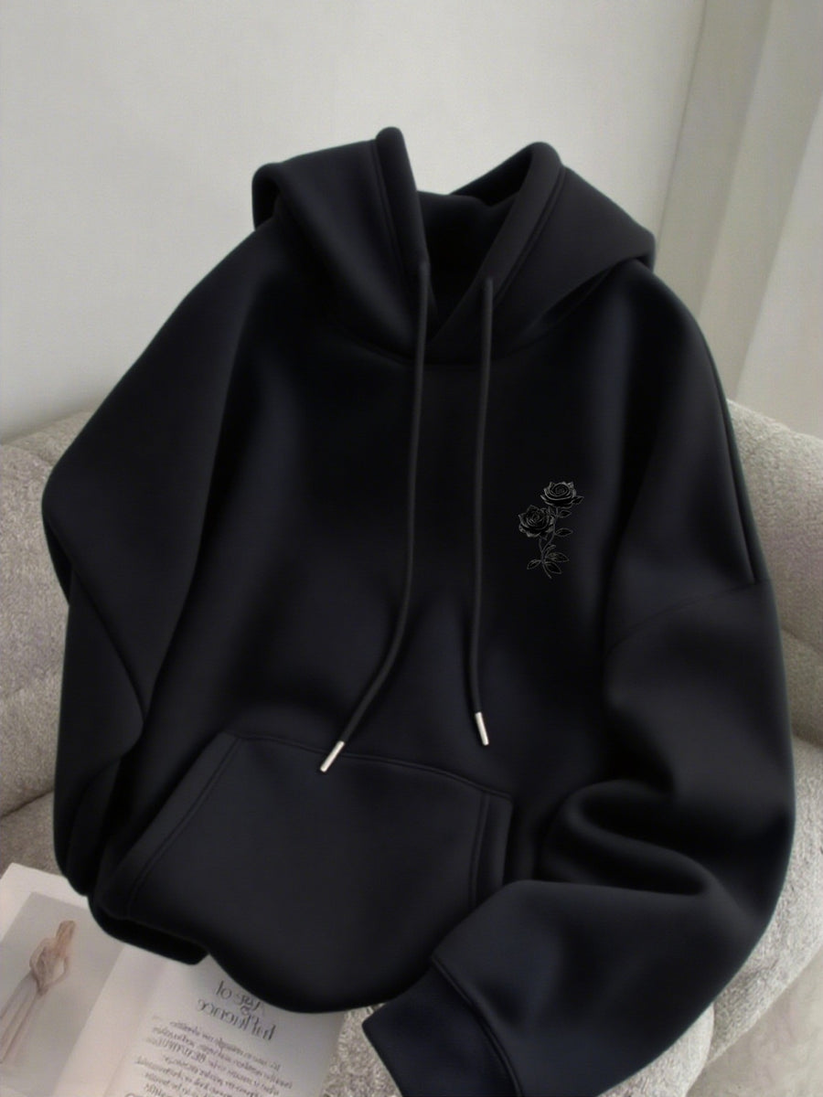 Autumn Winter Men'S Fleece-Lined Hooded Sweatshirt, Double Branch Black Rose Print, Fashionable Casual Wear for Daily, Casual, Gatherings, Parties, Outdoor Sports, Men'S Warm Hooded Top - Black