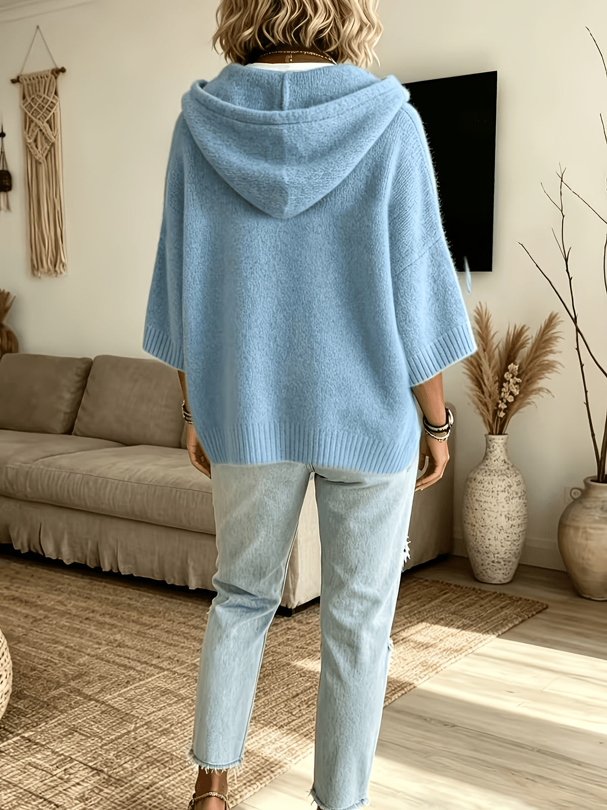 Women's Elegant Casual Three-Quarter Sleeve Drawstring Hooded Sweatshirt - Light Blue